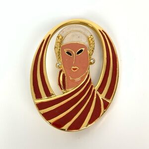 Orena Paris Brooch Lady Elegant Gold Toned Red Enamel Metal Vtg Signed